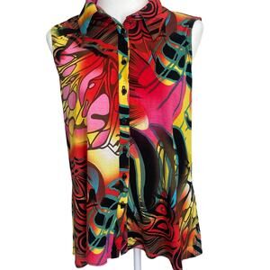 Frank Lyman Design Whimsical Artsy Button Down Soft Sleeveless Top Sz 8 Retro